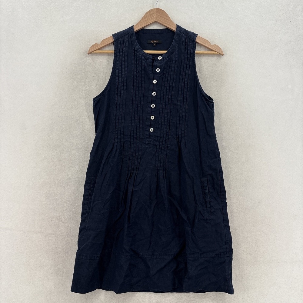 Quince Dress Womens XS Blue European Linen Trapeze Henley Sleeveless Pockets